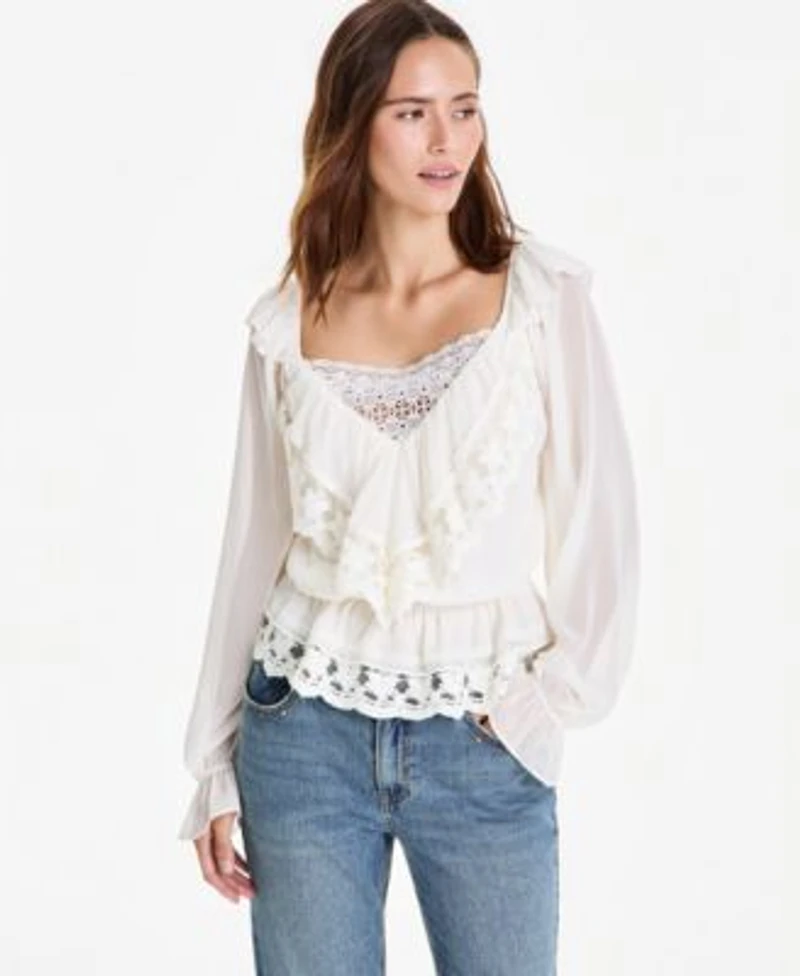 Now This Womens Ruffle Long Sleeve Lace Trim Top Macys Exclusive