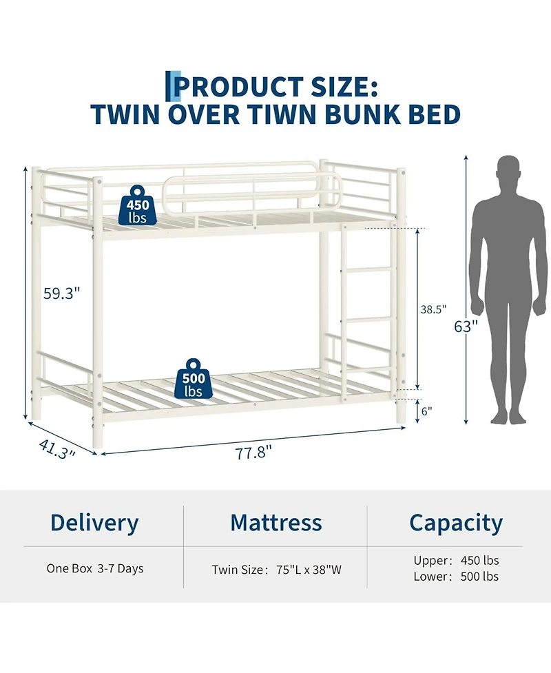 gaomon Twin Over Bunk Bed Frame, Heavy Duty Metal Beds for Kids/Teens/Adults, 450 Lbs Upper and 500 Lower Capacity, Slot
