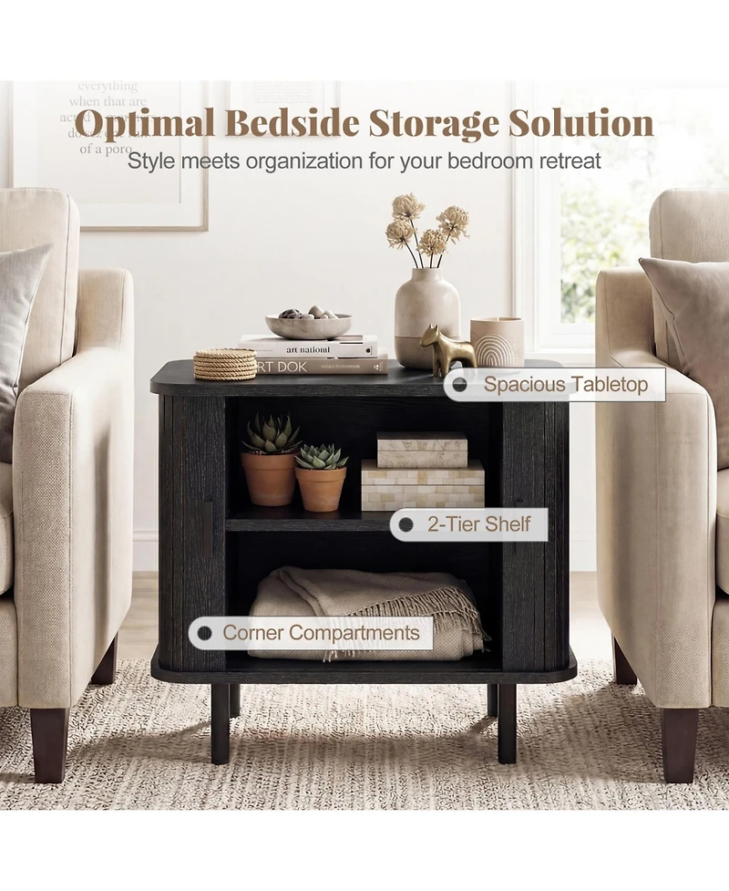 Slickblue Mid Century Nightstand with Sliding Tambour Doors and Storage Shelf