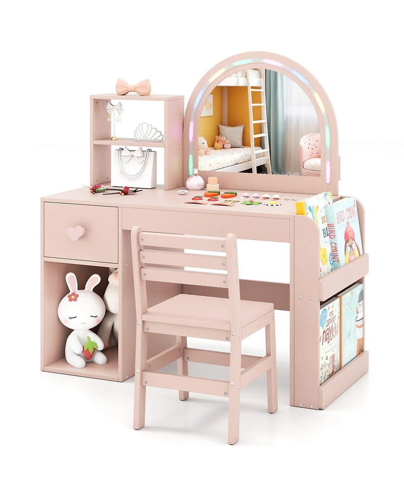 Slickblue Kids Makeup Vanity Table Set with Lighted Mirror and Chair for Ages 3+