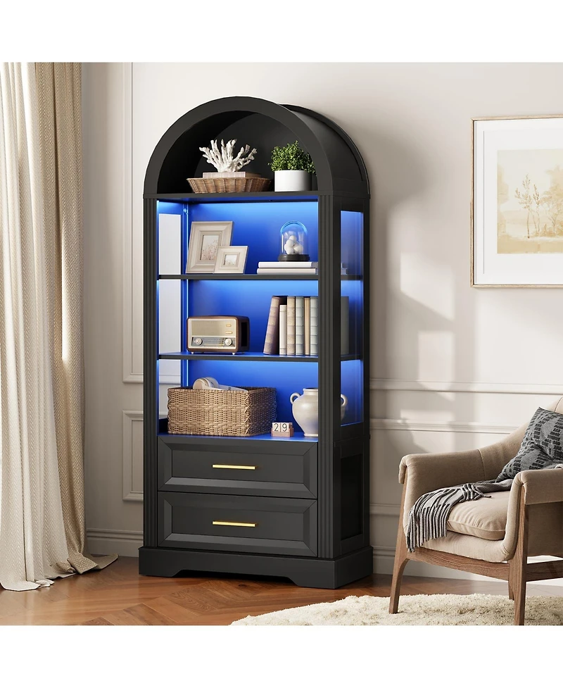 Slickblue Tall Bookcase with Led Lighting, Arched Design and 2 Drawers