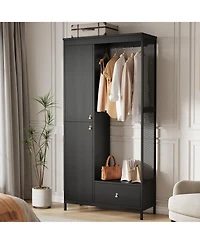 homfan Spacious Storage Armoire Wardrobe, 78.9'' Modern Wood Frame, Drawers, Shelves, Hanging Rod, Freestanding Cabinet, for Clothes, Entryway