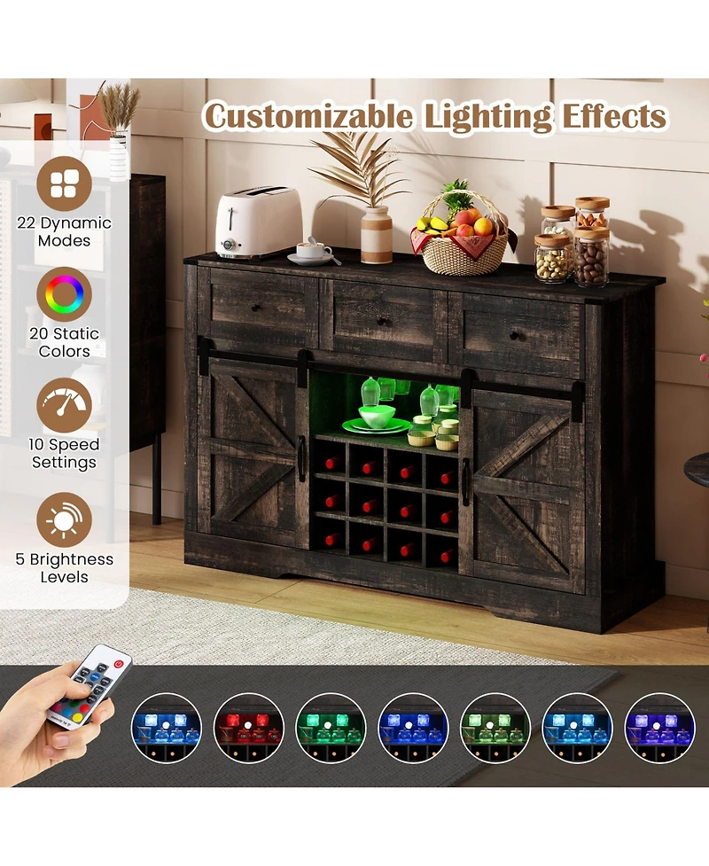 Slickblue 52 Inch Home Bar Cabinet with Led Lights, Sliding Barn Doors and Wine Storage