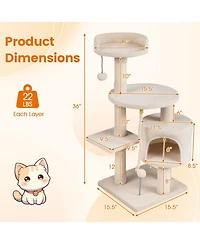 Gymax Cat Tree 36'' Tower With CondoTop Perch Sisal Scratching Posts and Hanging Rope