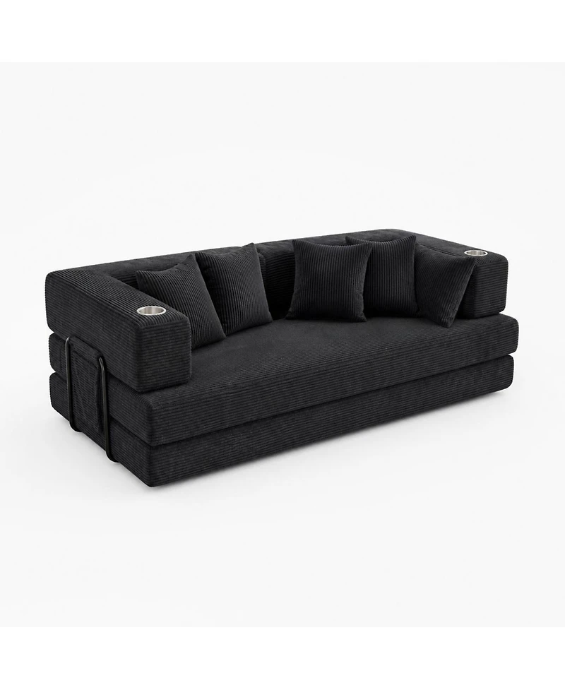 homfan 5-in-1 Convertible Sofa Bed, Corduroy Floor with 4 Pillows, 2 Cup Holders and Deep Seat Cushion for Small Spaces
