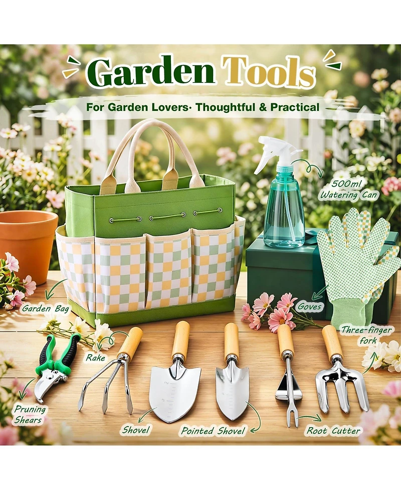 Xdovet Gardening Tool Set 9-Piece Heavy Duty Rust-Resistant Tote Bag Gift Women Beginner