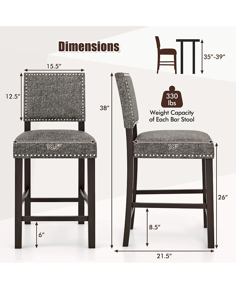 Gymax 4 Piece Upholstered Bar Stools 26 Inch Counter Height Chairs with Sponge Cushions