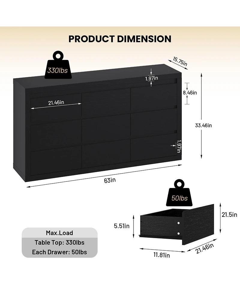 homfan 9 Drawer Tv Stand Dresser, 63 Inch Wood Chest of Drawers with Anti Tip Device for Bedroom or Living Room