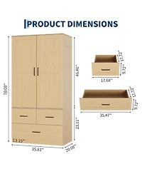 homfan Modern Wooden Wardrobe Closet for Bedroom, 70" Freestanding Armoire Cabinet with Hanging Rod, 3 Deep Storage Drawers, Tall Clothes Organizer