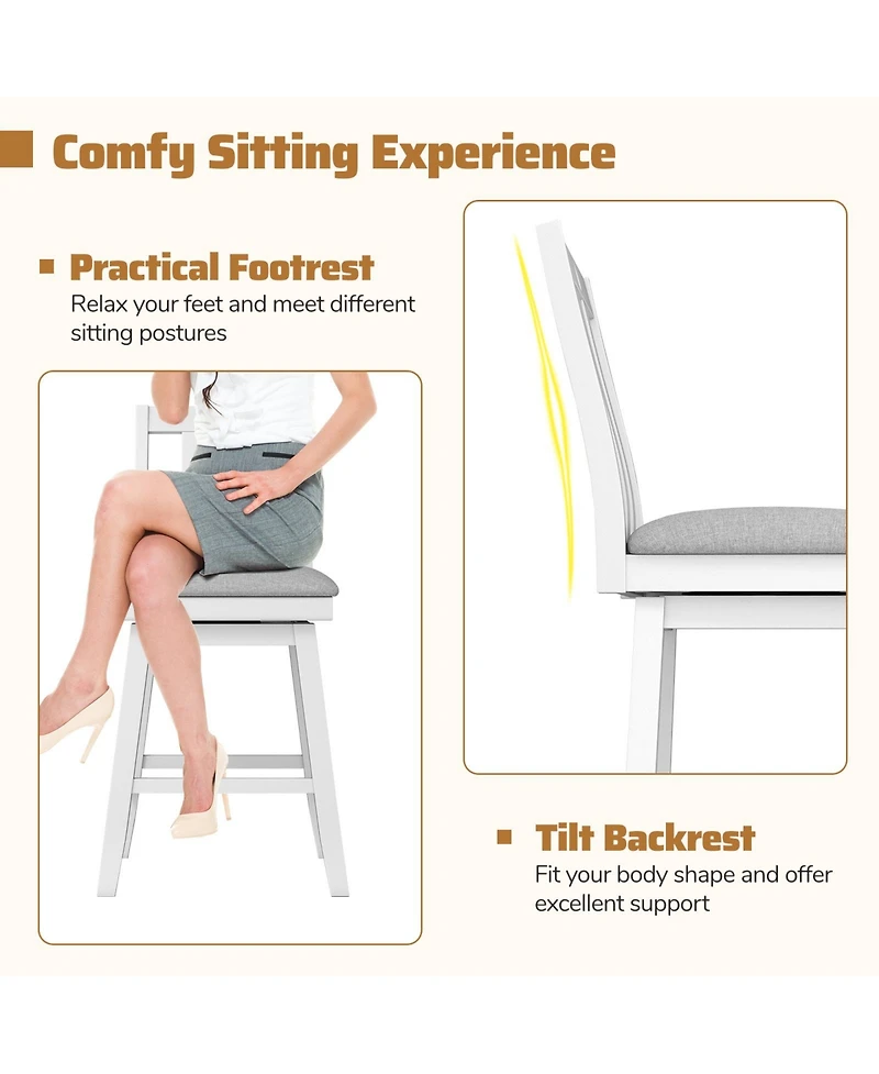 Gymax Set of 2 25'' Swivel Counter Height Chairs with Upholstered Seat Rubber Wood Frame