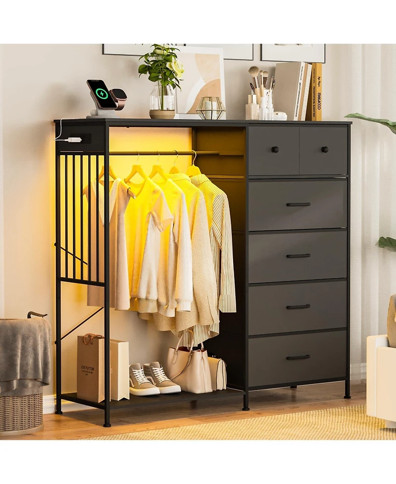 homfan 6 Drawer Dresser, 49 Inch Wood Tall Storage Cabinet with Hanging Rack and Led Lights for Bedroom Living Room Entryway
