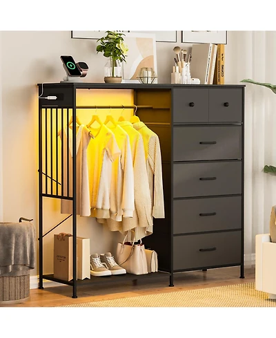 homfan 6 Drawer Dresser, 49 Inch Wood Tall Storage Cabinet with Hanging Rack and Led Lights for Bedroom Living Room Entryway