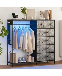 homfan 6 Drawer Dresser, 49 Inch Wood Tall Storage Cabinet with Hanging Rack and Led Lights for Bedroom Living Room Entryway