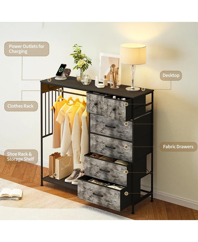 homfan 6 Drawer Dresser, 49 Inch Wood Tall Storage Cabinet with Hanging Rack and Led Lights for Bedroom Living Room Entryway