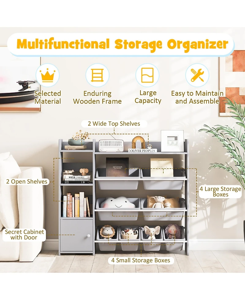 Gymax 4-Tier Kids Toy Storage Organizer Bookshelf with 8 Toy Organizer Bins Door