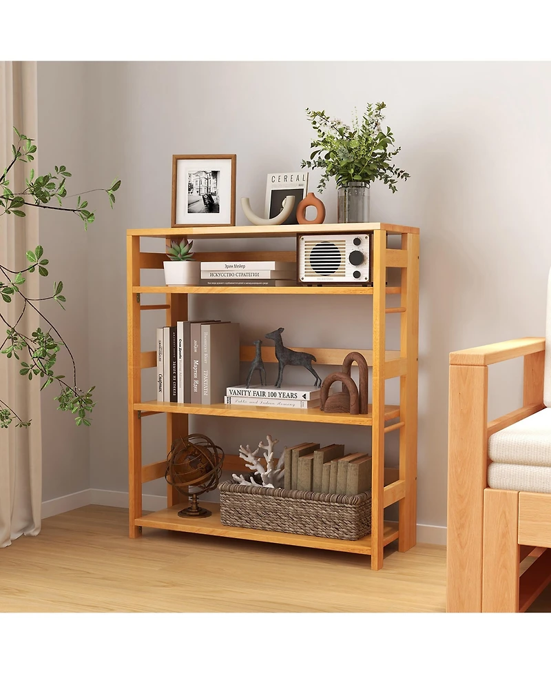 Gymax 2 Pieces 4 Tier Bookshelf Floor Storage Shelf with Rubber Wood Frame Anti-Toppling Kits
