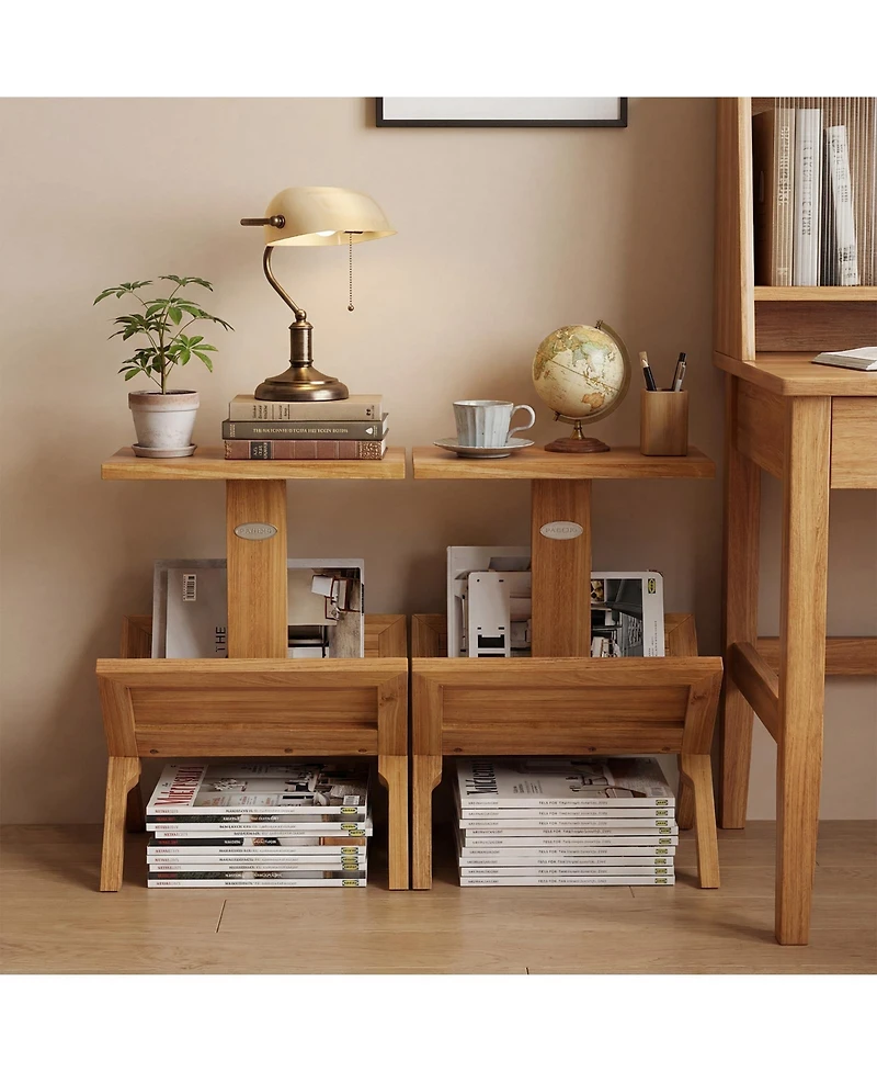 Gymax 2-Piece 2-Tier Bookshelf Small Bookcase with Teak Wood Frame and Anti-Slip Foot Mats