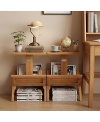 Gymax 2-Piece 2-Tier Bookshelf Small Bookcase with Teak Wood Frame and Anti-Slip Foot Mats