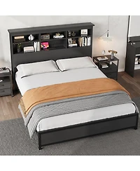 homfan Bed Frame with Bookcase Headboard, 2-Tier Storage Platform Bed with Charging Station, No Box Spring Needed