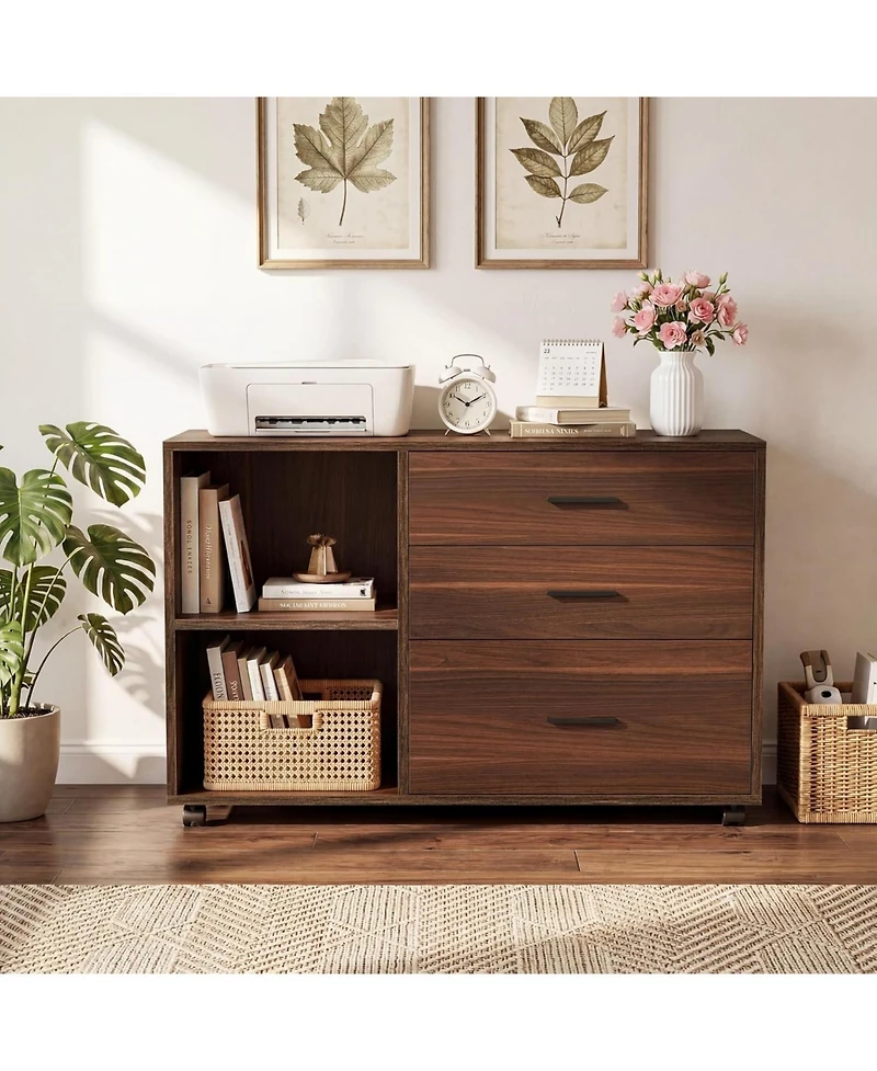 Tribesigns 39inch Rolling File Cabinet with 3 Drawers Wooden Office Lateral Filing Cabinet,Modern Printer Stand with Storage Shelves for Office