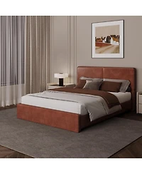 homfan Modern Corduroy Upholstered Platform Bed with Textured Headboard, Silent Wooden Slats, Convenient Installation