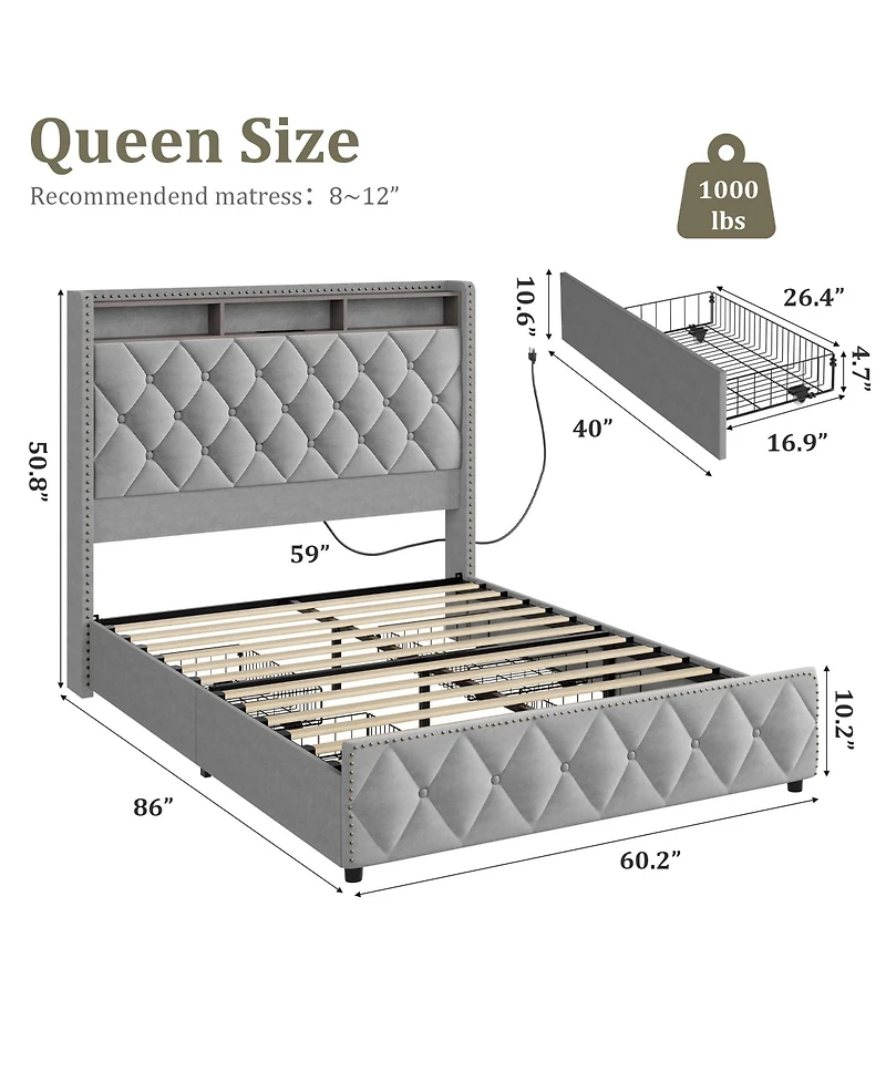 homfan Upholstered Platform Bed Frame, Tall Soft Headboard, 4 Storage Drawers, Usb Charging, Led Lights, Noise-Free, No Box Spring Needed