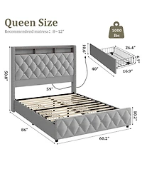 homfan Upholstered Platform Bed Frame, Tall Soft Headboard, 4 Storage Drawers, Usb Charging, Led Lights, Noise-Free, No Box Spring Needed