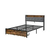 Lucky One Full Size Bed Frame with Upholstered Headboard, Led Lights, Usb Charging Station, 2 Drawers, No Box Spring Needed