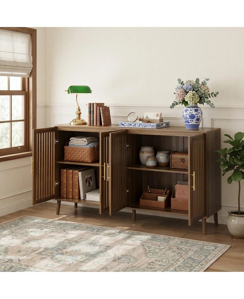 Sailvan 63" Walnut Sideboard Buffet Cabinet, Grille-Striped 4-Door Accent Cabinet