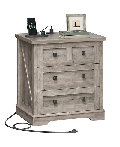 Slickblue Farmhouse 3-Drawer Nightstand with Charging Station for Bedroom