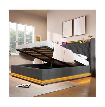 Lucky One Queen Size Upholstered Hydraulic Storage Bed with 360 Surround Led Lights, Usb Type-c Charging, No Box Spring Needed
