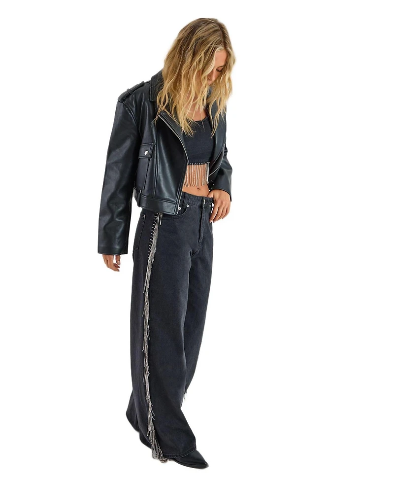Nasty Gal Women's Denim Diamonte Tassel Straight Leg Jeans