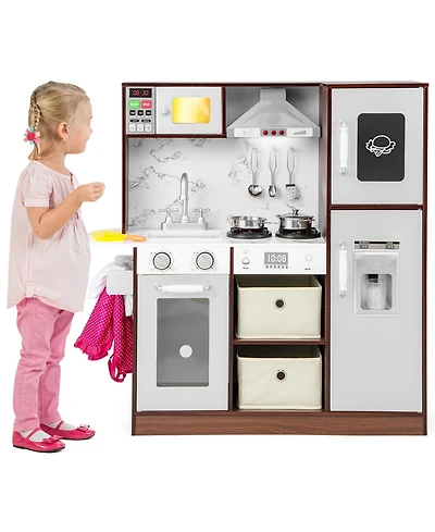 Gymax Kids Kitchen Playset with Attractive Lights and Sounds Range Hood Microwave Ice Maker