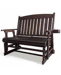 Mega Casa Solid Fir Wood 2-Person Outdoor Glider Bench, Heavy-Duty Wooden Patio Rocking Loveseat with Cup Holders