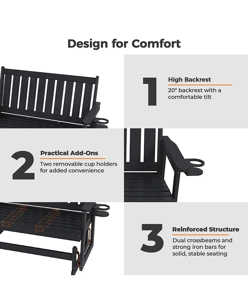 Innovaze 2-Person Hips All-Weather Outdoor Glider Bench, Heavy-Duty Patio Rocking Loveseat with Removable Cup Holders