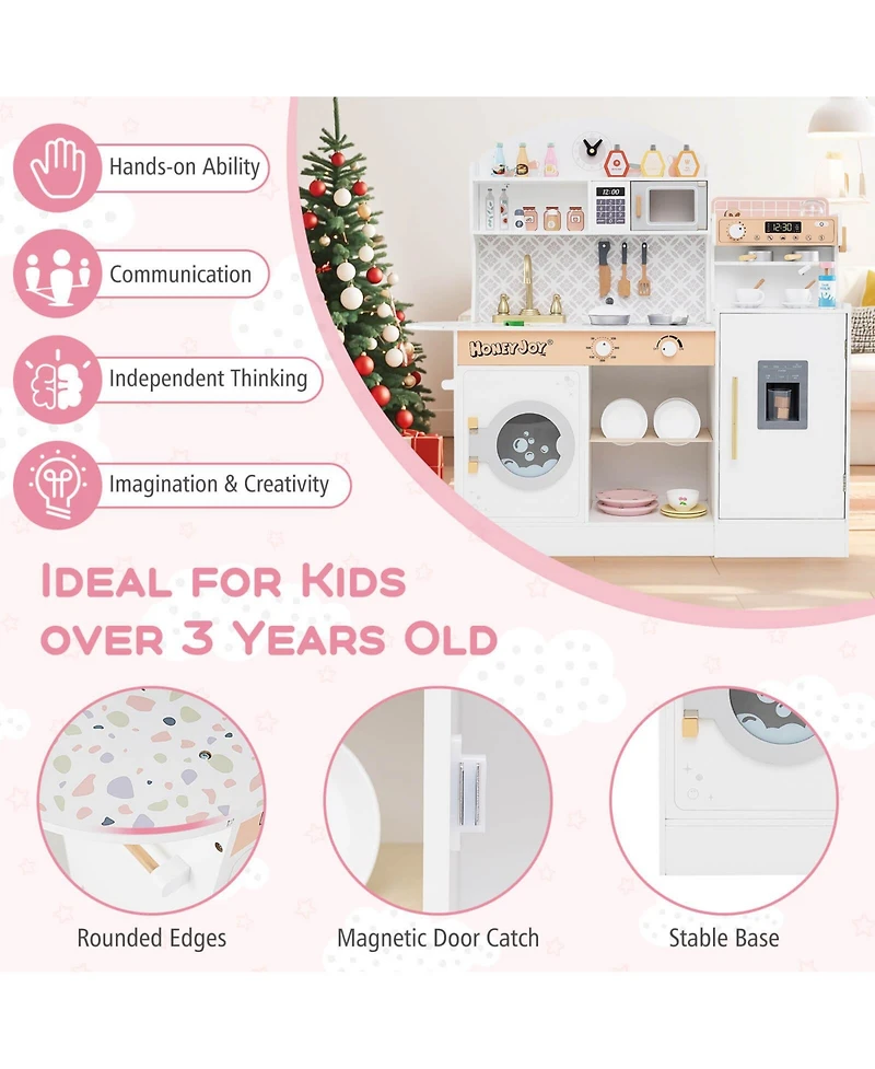 Costway Kids Kitchen Set Wooden Kitchen Playset with Clock, Microwave, Sink, Dish Rack