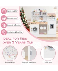 Costway Kids Kitchen Set Wooden Kitchen Playset with Clock, Microwave, Sink, Dish Rack