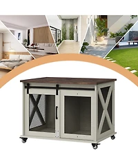 homfan Barn Door Dog Cage with Wheels, Furniture-Style Pet Crate on Casters for Medium Dogs Living Room Home