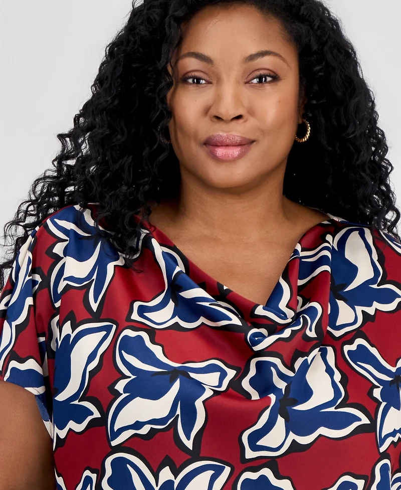 Anne Klein Plus Floral-Print Cowl-Neck Blouse