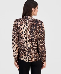 T Tahari Women's Printed Split-Neck Button-Down Blouse