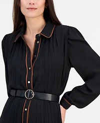 T Tahari Women's Contrast-Tipped Belted Long-Sleeve Shirt Dress