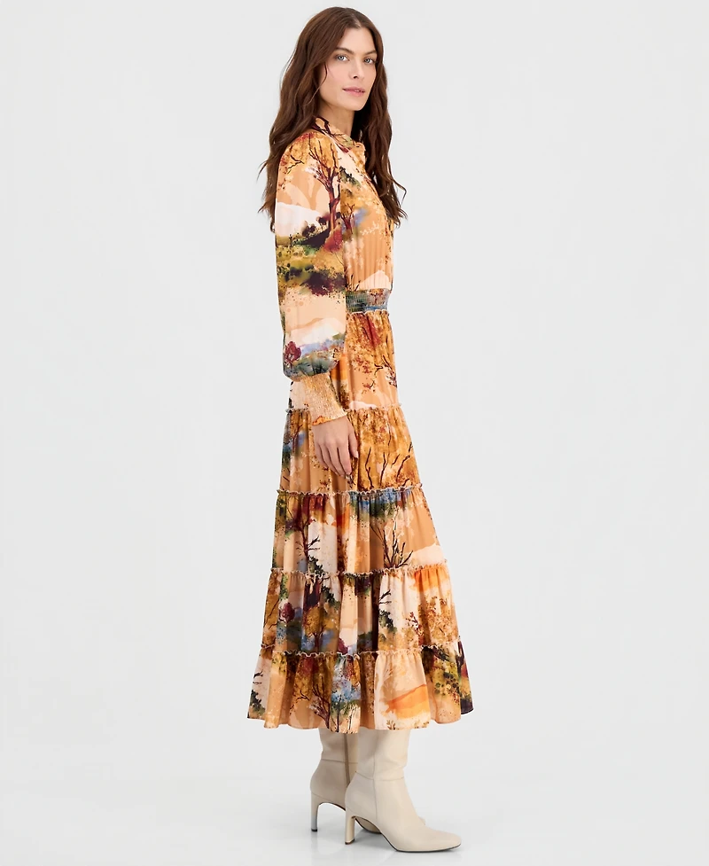 T Tahari Women's Printed Smocked-Waist Ruffle-Tiered Dress