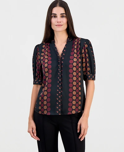 T Tahari Women's Printed Split-Neck Button-Down Blouse