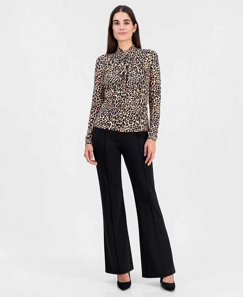 T Tahari Women's Printed Draped-Neck Long-Sleeve Top