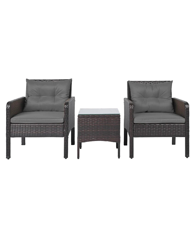 Costway 3 Pieces Patio Pe Wicker Furniture Set with Cushions and Tempered Glass Coffee Table