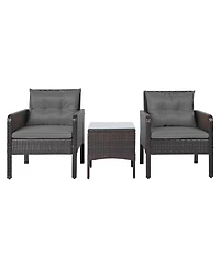 Costway 3 Pieces Patio Pe Wicker Furniture Set with Cushions and Tempered Glass Coffee Table