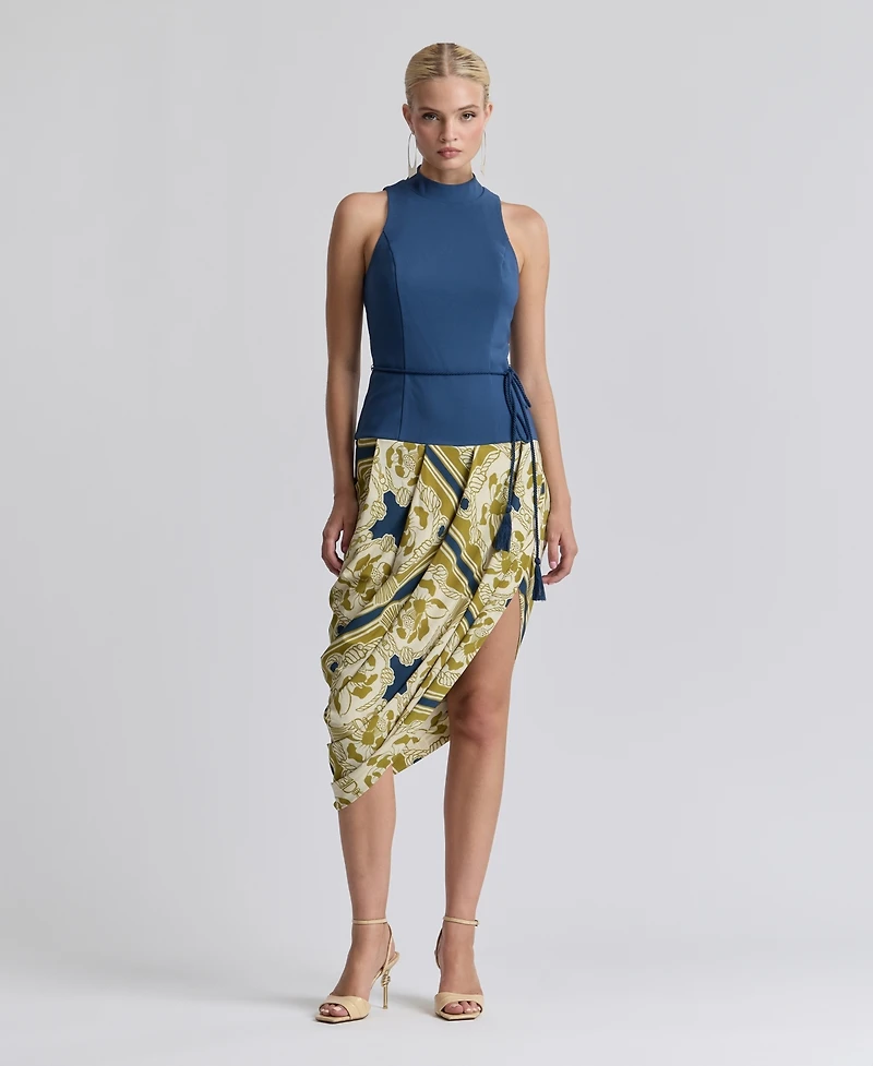Avec Les Filles Women's Sleeveless Belted Mock Neck Asymetric Drape Midi Dress
