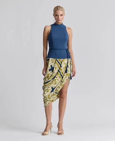 Avec Les Filles Women's Sleeveless Belted Mock Neck Asymetric Drape Midi Dress