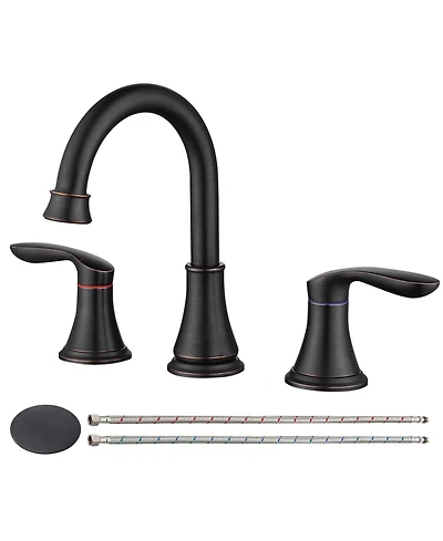Busdays 2 Handle 8 Inch Widespread Oil Rubbed Bronze Bathroom Sink Faucet 3 Hole 360 Swivel Spout Vanity Basin with Pop Up Drain and cUPC Supply Hoses