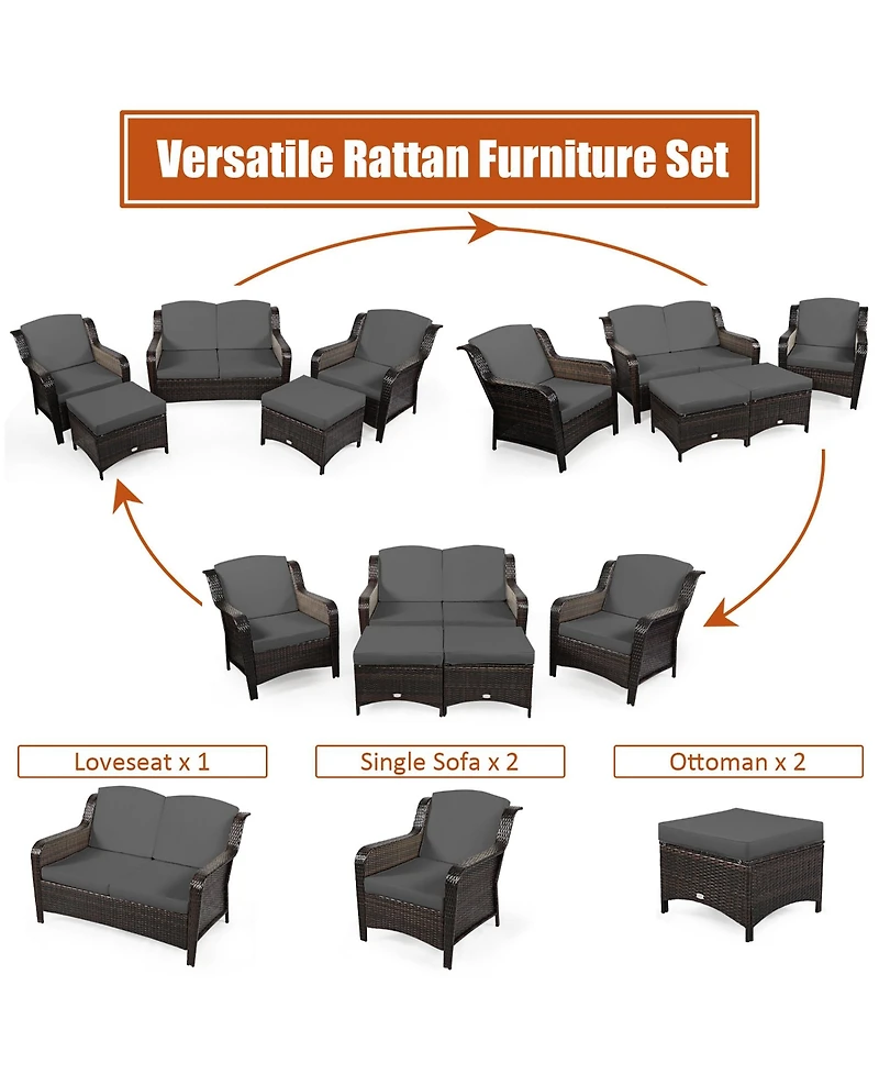 Costway 5 Pieces Patio Furniture Set Outdoor Rattan Conversation Sofa Set with Cushions